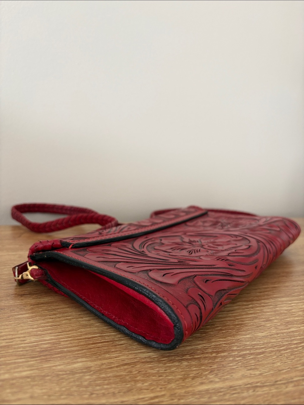 Hand-Tooled Red Leather Crossbody Bag